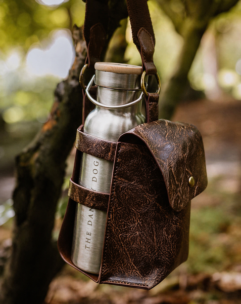 Water Bottle Carrier with Stainless Steel Water bottle and Waxed Cotton Travel Bowl